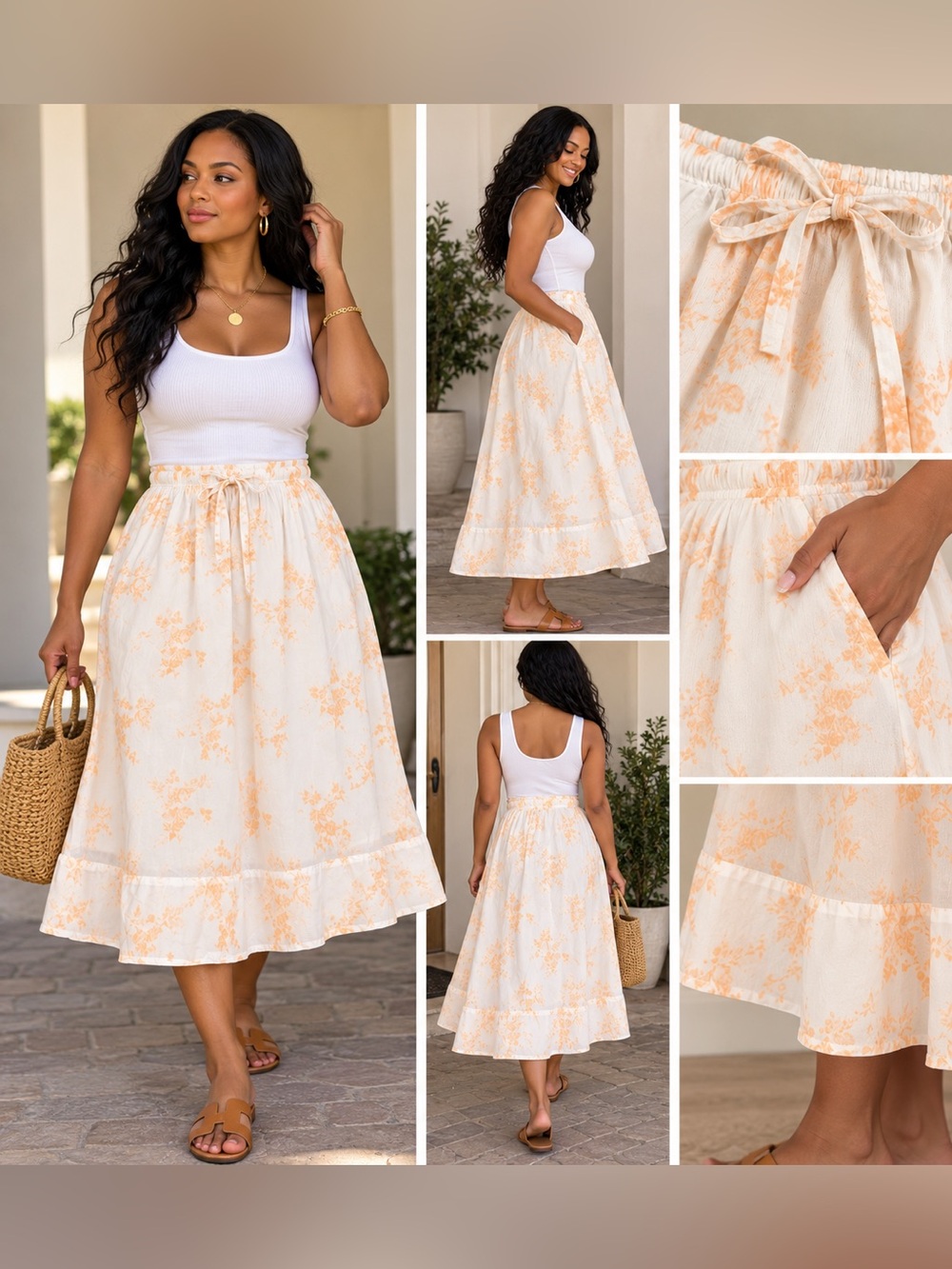 Universal Cream Midi Skirt with Peach Floral Print